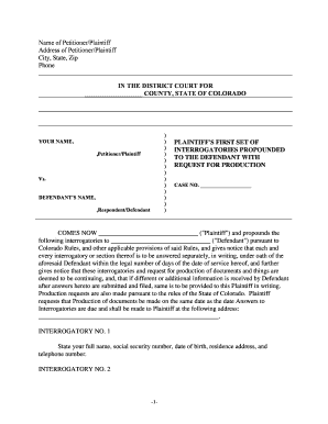 Colorado Discovery Interrogatories from Plaintiff to Defendant with Production Requests  Form