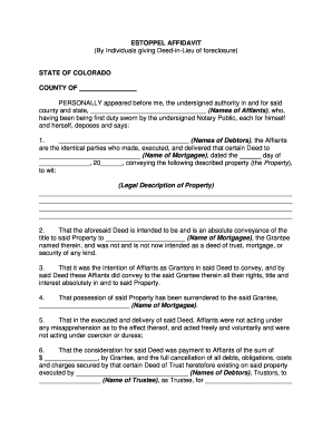 Colorado Estoppel Affidavit by Individuals Giving Deed in Lieu of Foreclosure  Form