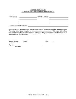 Colorado Notice of Intent Not to Renew at End of Specified Term from Landlord to Tenant for Residential Property  Form