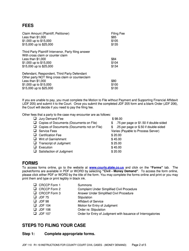 Colorado Instructions for County Court Civil Cases Money Demand  Form