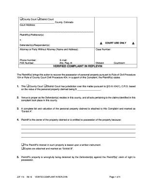 Complaint Replevin  Form