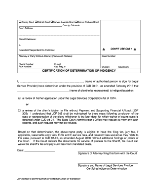 Colorado Certification of Determination of Indigency  Form