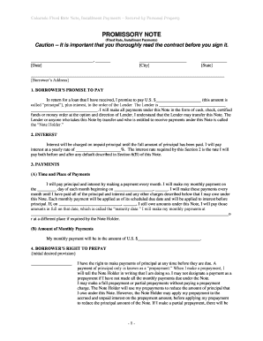 Colorado Colorado Installments Fixed Rate Promissory Note Secured by Personal Property  Form