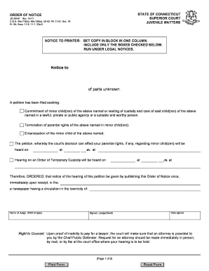 Connecticut Order of Notice, Petition, Termination Parental Rights  Form
