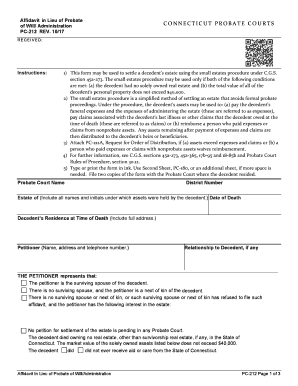 Connecticut Small Estate Affidavit in Lieu of Administration  Form