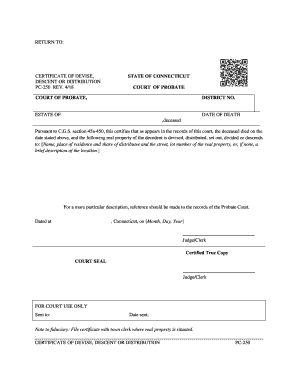Connecticut Certificate of Devise, Descent, or Distribution  Form