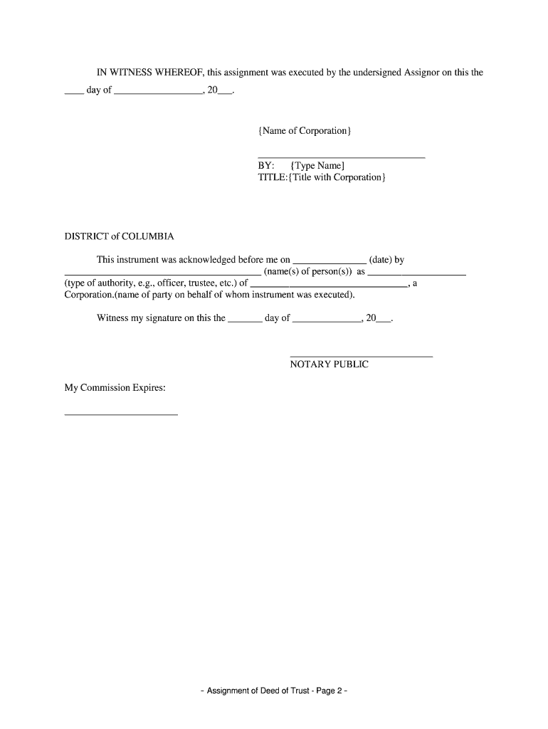 District of Columbia Assignment of Deed of Trust by Corporate Mortgage Holder  Form