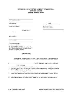 District of Columbia Consent Answer to Complaint for Absolute Divorce  Form
