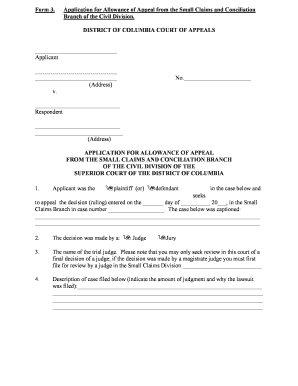 District of Columbia Application for Allowance of Appeal from the Small Claims and Conciliation Branch of the Civil Division  Form