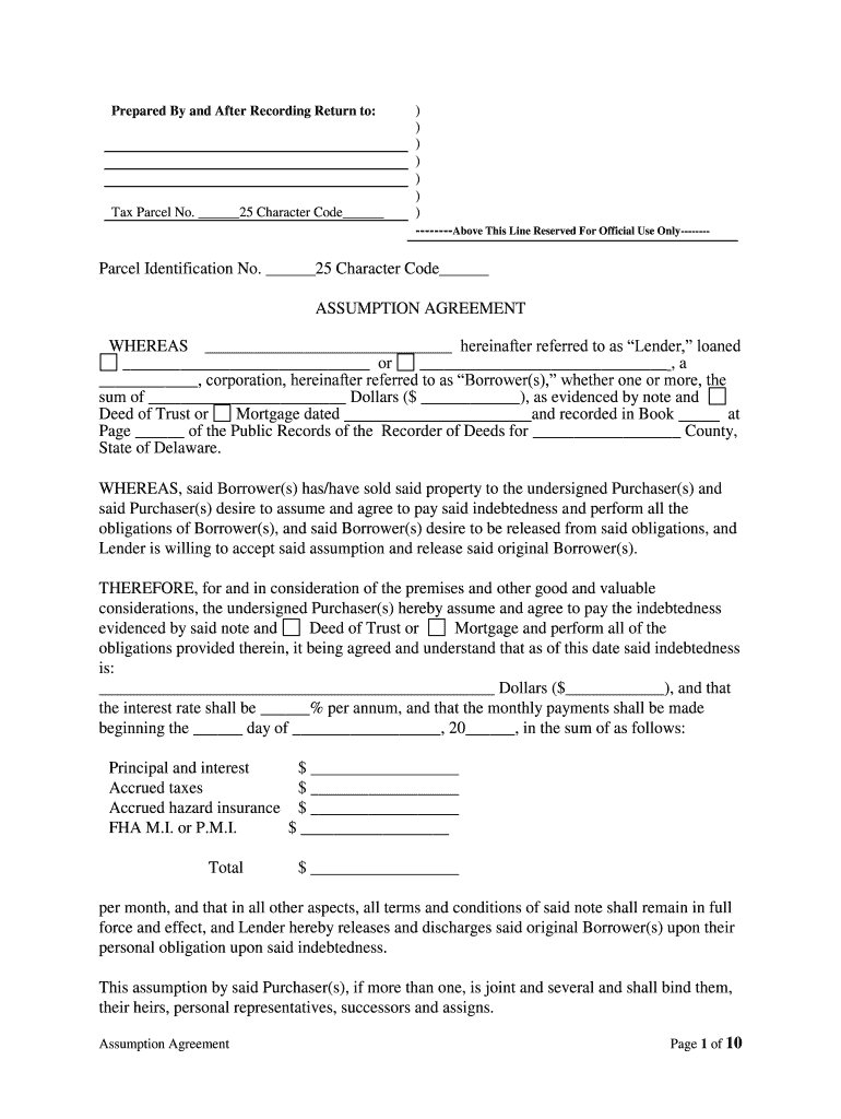 Delaware Assumption Agreement of Mortgage and Release of Original Mortgagors  Form