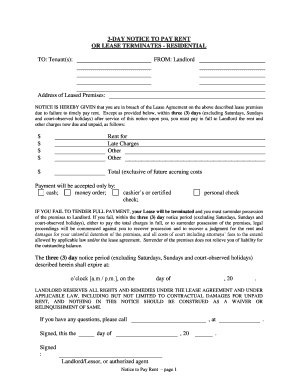 Florida 3 Day Notice to Pay Rent or Lease Terminated for Residential Property  Form