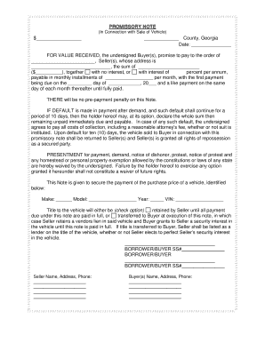 Georgia Promissory Note in Connection with Sale of Vehicle or Automobile  Form