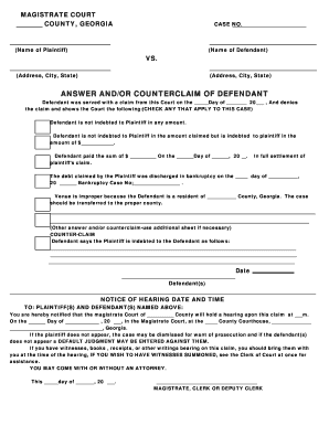 Georgia Answer and or Counterclaim Magistrate  Form