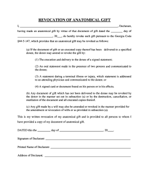 Georgia Revocation of Anatomical Gift Act Donation  Form