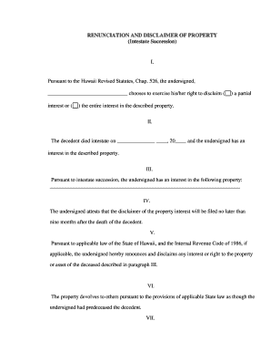 Hawaii Hawaii Renunciation and Disclaimer of Property Received by Intestate Succession  Form