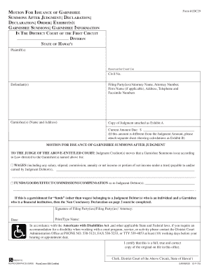 Hawaii Motion for Issuance of Garnishee Summons After Judgment  Form