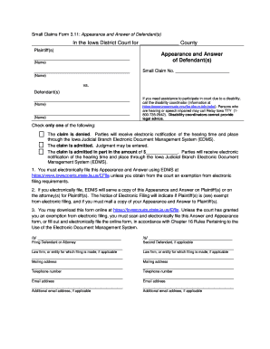 Iowa Appearance and Answer of Defendant  Form