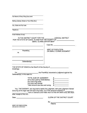 Idaho Writ of Execution of Small Claims Judgment  Form