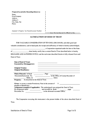 Idaho Satisfaction, Release or Cancellation of Deed of Trust by Corporation  Form