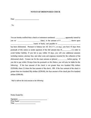 Indiana Notice of Dishonored Check Civil Keywords Bad Check, Bounced Check  Form