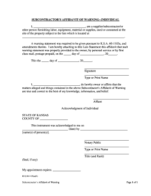 SUBCONTRACTOR'S AFFIDAVIT of WARNING  Form