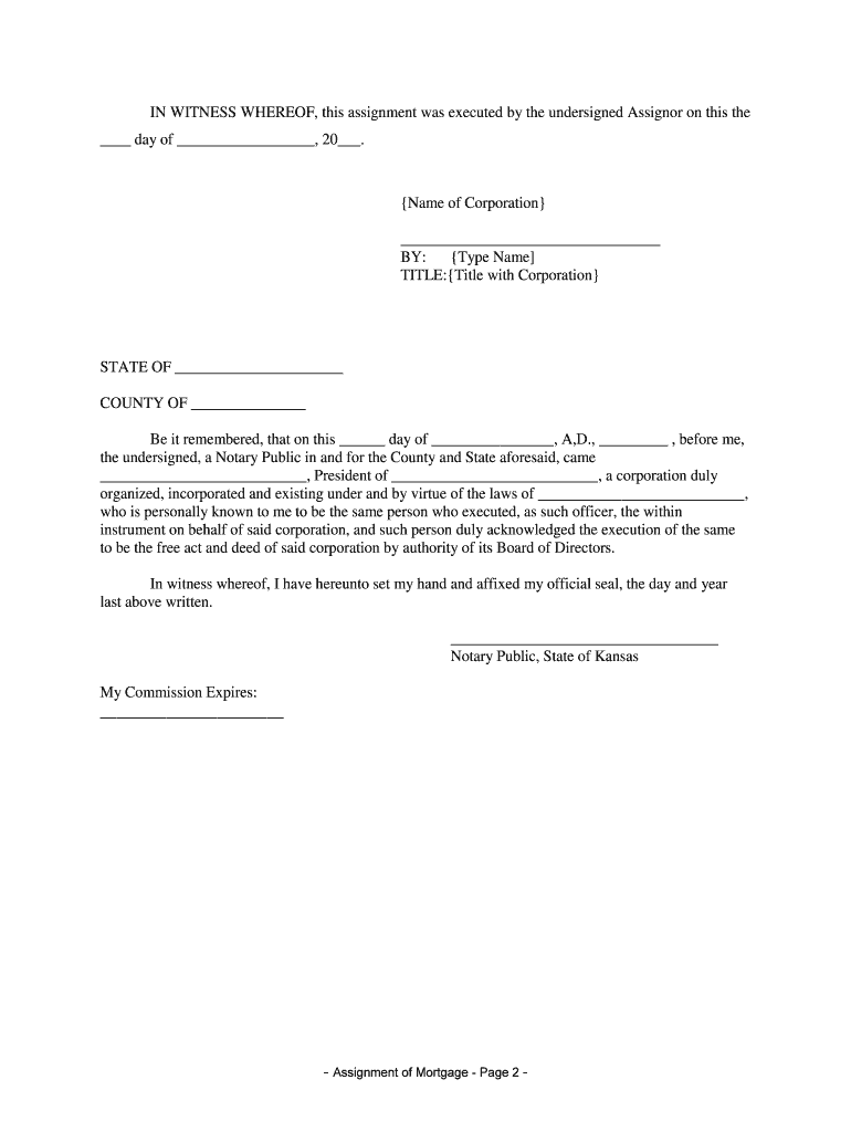 Kansas Assignment of Mortgage by Corporate Mortgage Holder  Form