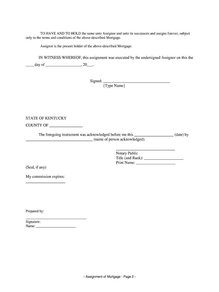 Kentucky Assignment of Mortgage by Individual Mortgage Holder  Form