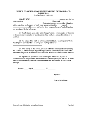 Louisiana Notice to Owner of Obligation Arising from Contract Individual  Form
