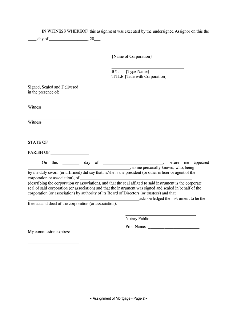 Louisiana Assignment of Mortgage by Corporate Mortgage Holder  Form