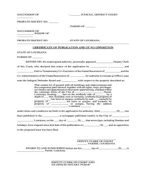 Louisiana Certificate of Publication and of No Opposition  Form