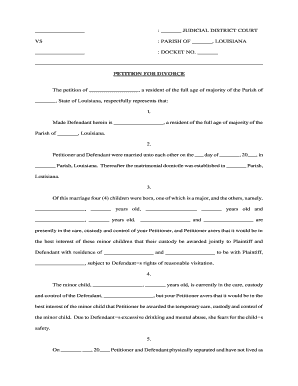 Louisiana Petition for Divorce with Minor Children, Property, Restraining Order  Form