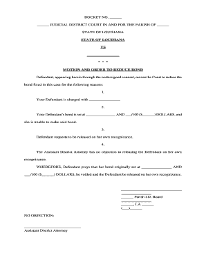 Louisiana Motion and Order to Reduce Bond and Release on Own Recognizance  Form