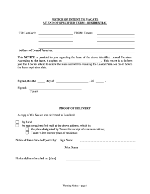 Massachusetts Notice of Intent to Vacate at End of Specified Lease Term from Tenant to Landlord for Residential Property  Form