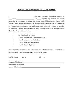 Massachusetts Revocation of Health Care Proxy  Form