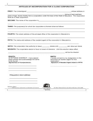 Maryland Maryland Articles of Incorporation for Close Corporation  Form