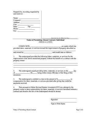 Notice of Furnishing Absent Contract Individual  Form