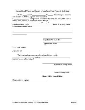 Maine Unconditional Waiver and Release Upon Final Payment Individual  Form
