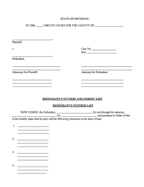 Michigan Defendant's Witness and Exhibit List  Form