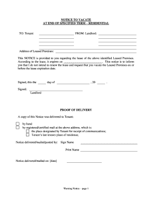 Michigan Notice of Intent Not to Renew at End of Specified Term from Landlord to Tenant for Residential Property  Form
