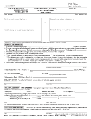 Michigan Default Request Affidavit Entry and Judgment Sum Certain  Form