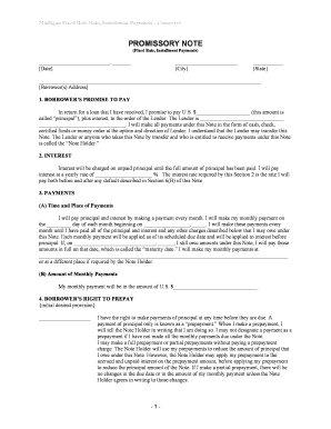 Michigan Fixed Rate Note, Installment Payments Unsecured  Form