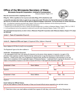 Minnesota Minnesota Articles of Incorporation for Domestic Nonprofit Corporation  Form