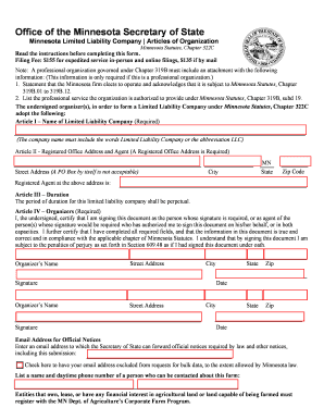 Minnesota Limited Liability Company Minnesota Secretary of State  Form