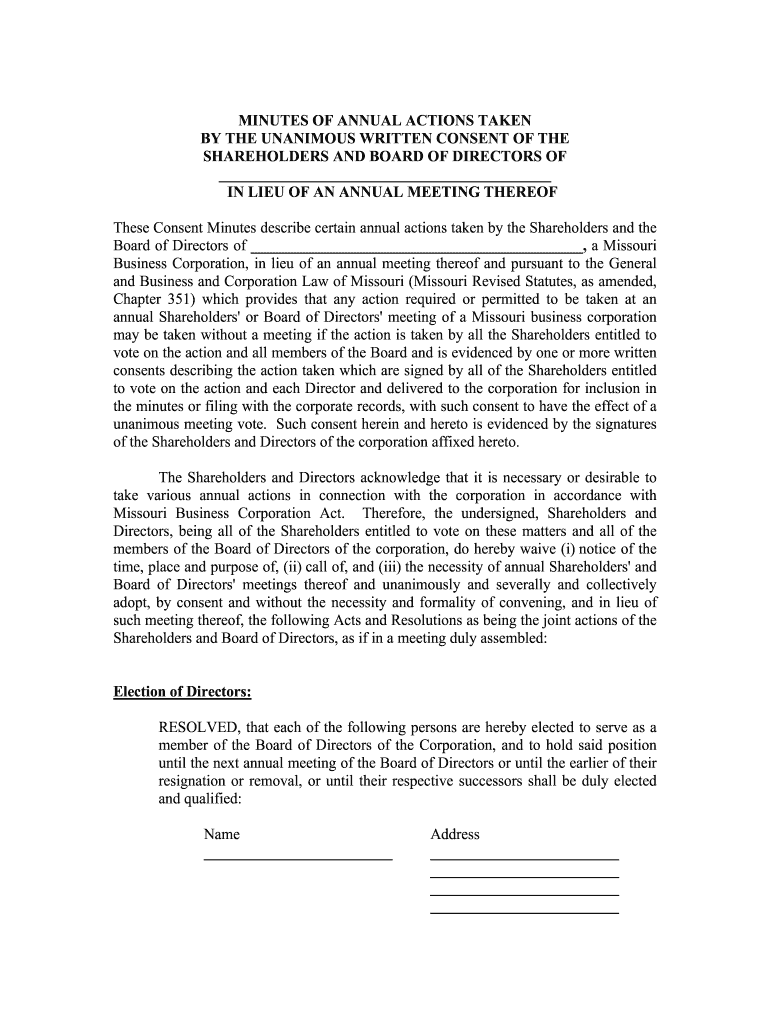 Missouri Annual Minutes Missouri  Form