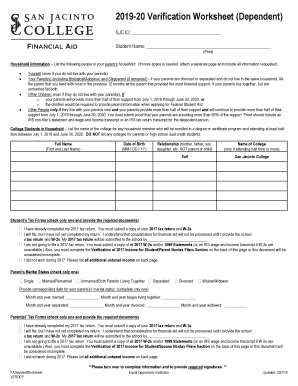  Financial Aid Dependent Student Verification Worksheet 20192020 2019