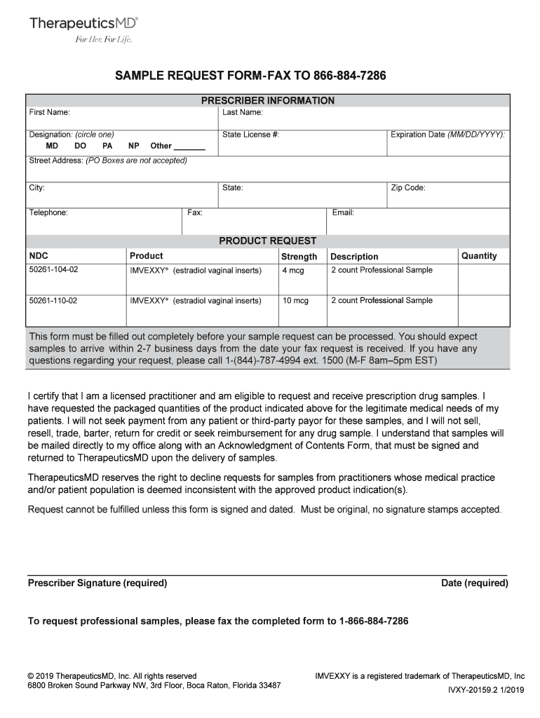 IVXY 20159 Professional Sample Request IMVEXXY 4 10 McgFinal  Form