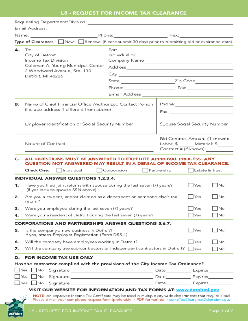  L8 Request for Income Tax Clearance City of Detroit 2018-2024