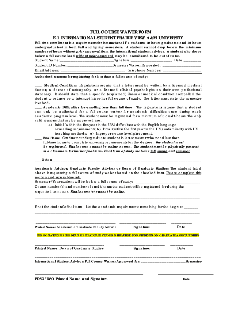 Get and Sign F 1 FULL COURSE WAIVER  Form
