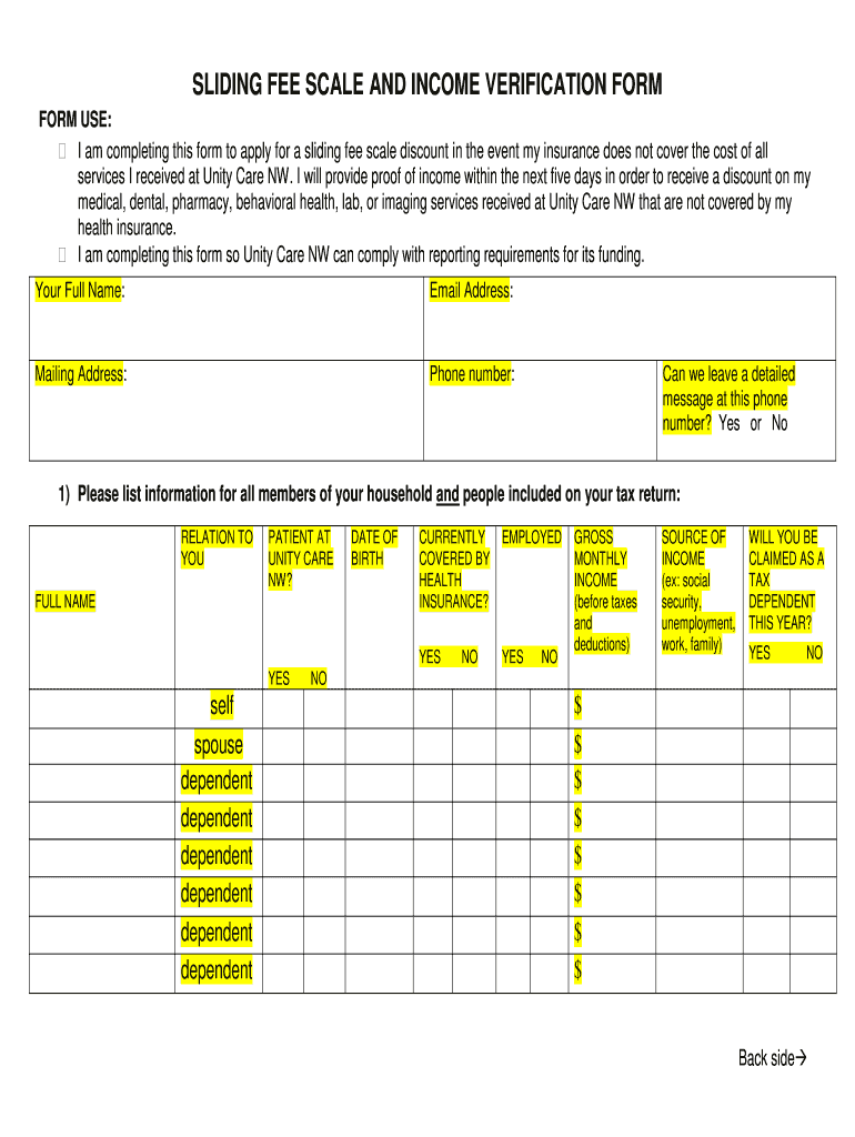 SLIDING FEE SCALE and INCOME VERIFICATION FORM