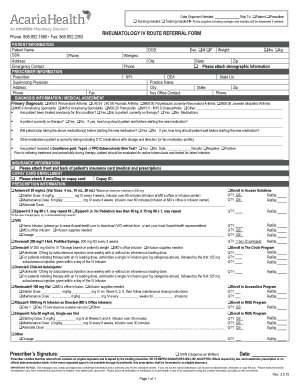 Acaria Health Rheumatology IV Route Referral Form Rheumatology IV Route Referral Form